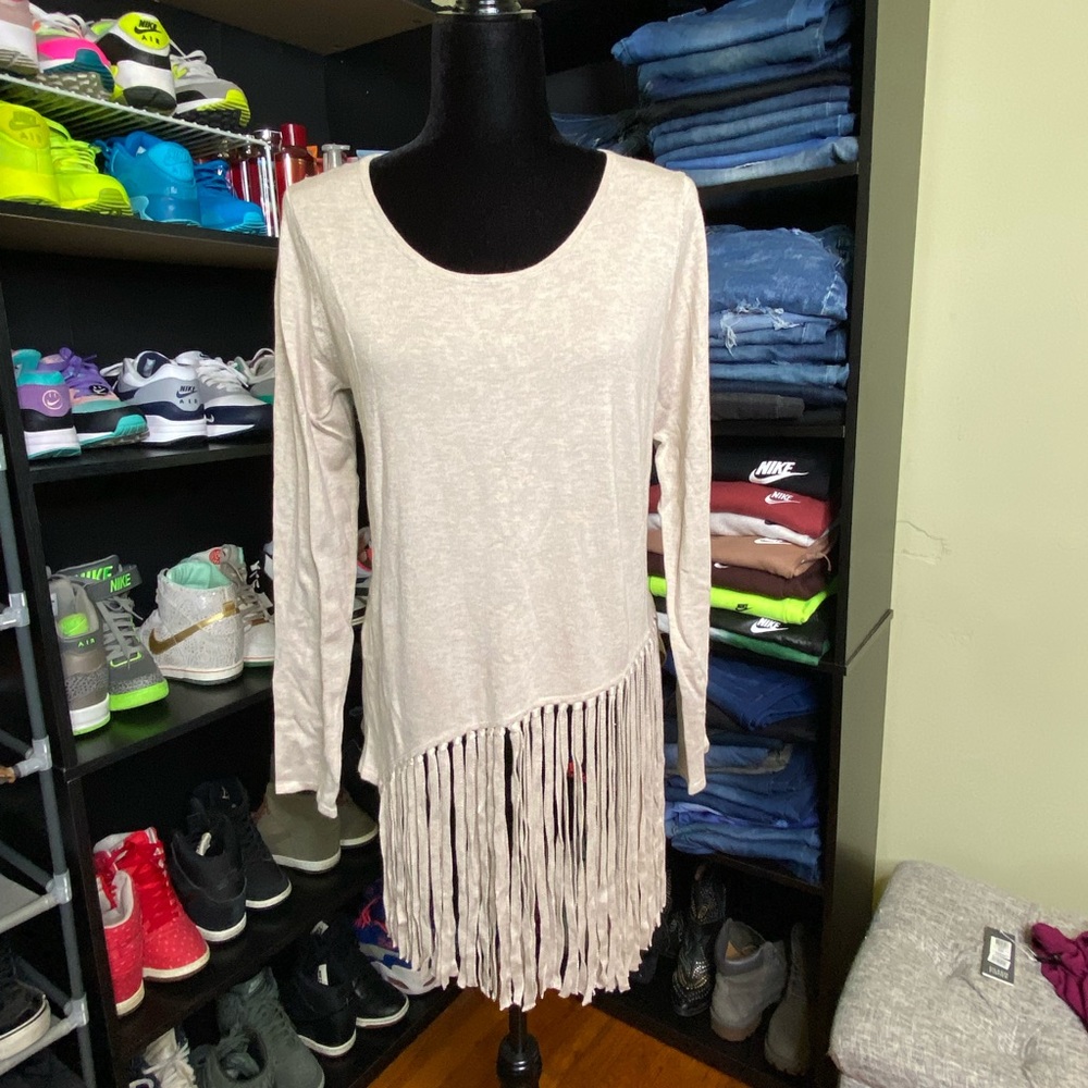 NWT Chelsea & Theodore Beige Fringe Tunic Top